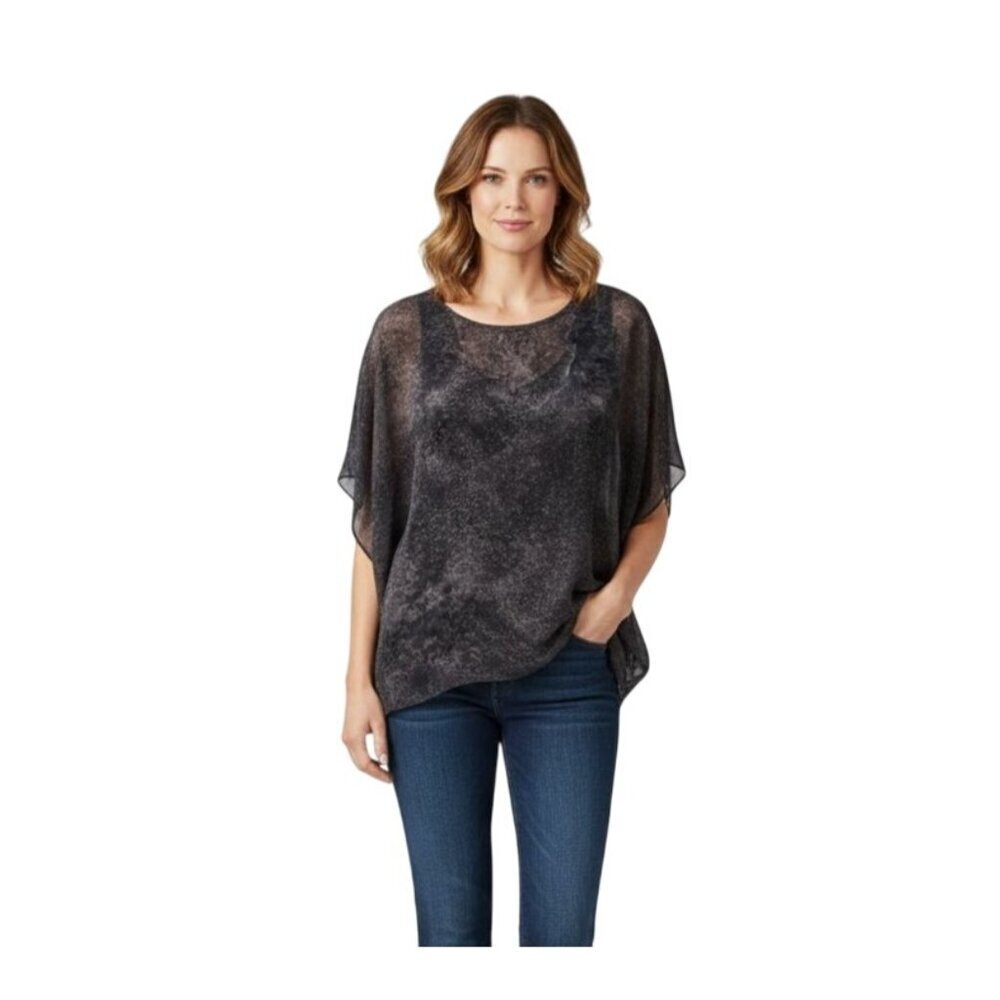 Eileen Fisher 100% Silk Scoop Neck Kimono Sleeve Lagonlook Gray Brown Top Size S